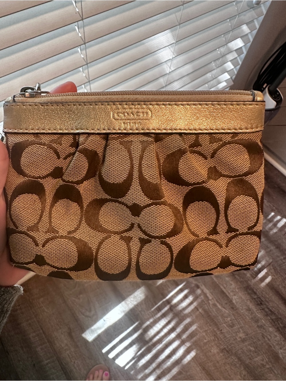 Coach Brown Signature Canvas Wristlet with Metallic Trim - Picture 2 of 4